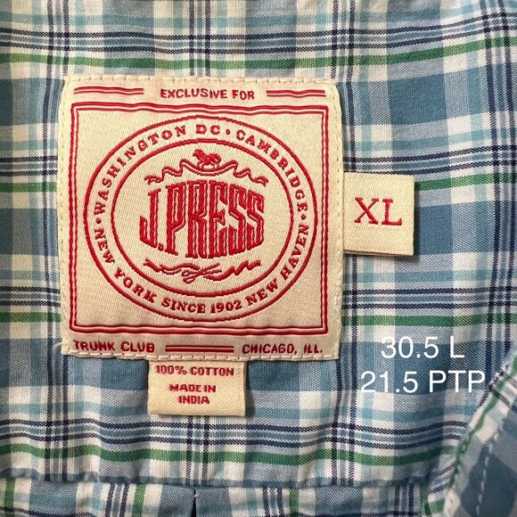 J Press Button Up Shirt XL Blue Green Collared Long Sleeve Oxford New York - Picture 4 of 6